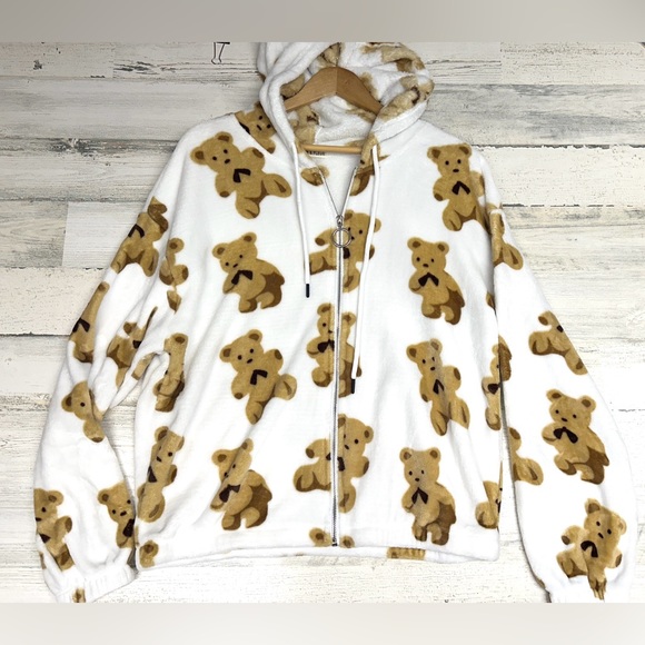 FIRE & FLEUR Teddy Bear Print Zip Up Sweatshirt Jacket Hoodie Jrs 2XL fits XL - Picture 3 of 6